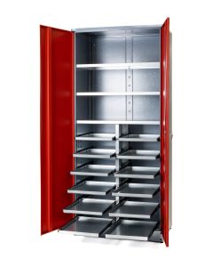 Küpper Materialschrank, Modell 70270, B. 91 cm H. 204 cm, 12 Schubladen für Maschinenkoffer